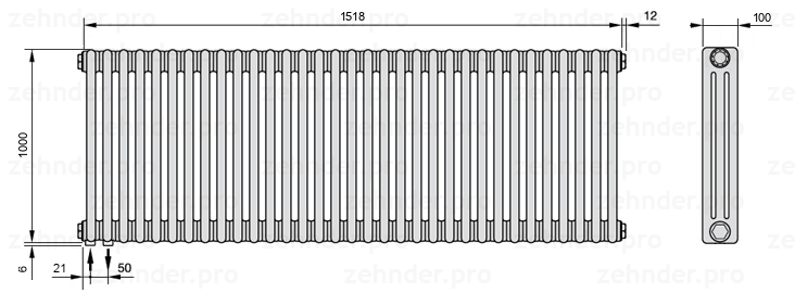 Схема (чертеж) Радиатор Zehnder Charleston 3100/33 №3370 Белый глянцевый RAL 9016